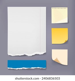 Note sheet. Notebook page. Torn edges. Ripped reminder. Folded corners. Sticky memos. Empty notepad. Office stationery. Write message. Crumpled notice piece. Memory sticker. Vector blank notepaper set