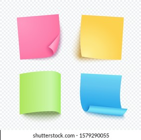 Note sheet of paper set with different shadow. Colored blank post for message, to do list, memory. Set of pink, yellow, blue and green vector sticky notes isolated on transparent background.