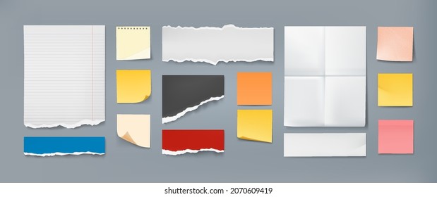 Note sheet. Realistic color notepad page with torn edges, blank office stationery sticky memo paper mockup. Vector notice sticker set