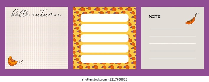 Note sheet set, memo messages. Autumn design template, hand drawn pumpkins, flat vector illustration