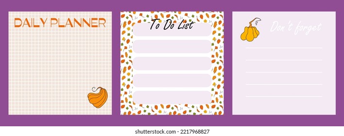 Note sheet set, memo messages. Autumn design template, hand drawn pumpkins, flat vector illustration