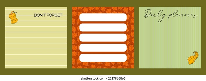 Note sheet set, memo messages. Autumn design template, hand drawn pumpkins, flat vector illustration