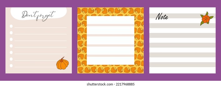 Note sheet set, memo messages. Autumn design template, hand drawn pumpkins, flat vector illustration