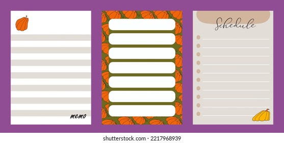 Note sheet set, memo messages. Autumn design template, hand drawn pumpkins, flat vector illustration