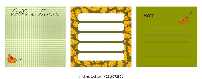 Conjunto de hojas de notas, mensajes de notas. Plantilla de diseño otoñal, calabazas dibujadas a mano, ilustración vectorial plana