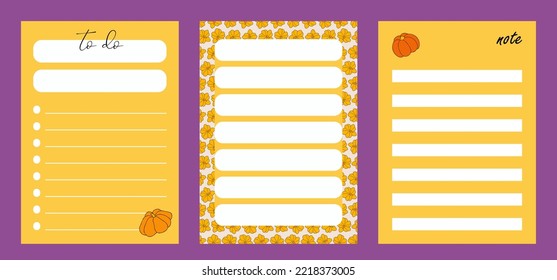 Note sheet set, memo messages. Autumn design template, hand drawn pumpkins, flat vector illustration