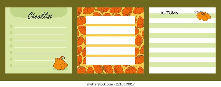 Note sheet set, memo messages. Autumn design template, hand drawn pumpkins, flat vector illustration