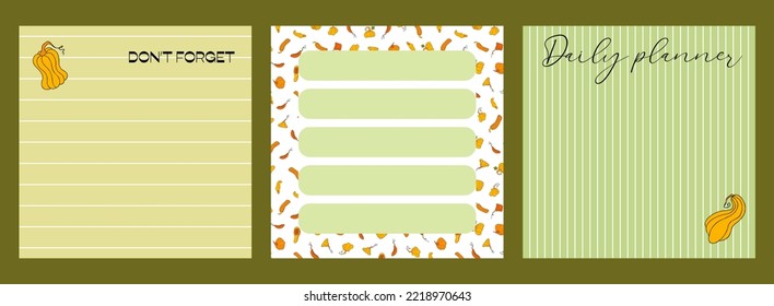 Note sheet set, memo messages. Autumn design template, hand drawn pumpkins, flat vector illustration