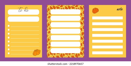Note sheet set, memo messages. Autumn design template, hand drawn pumpkins, flat vector illustration