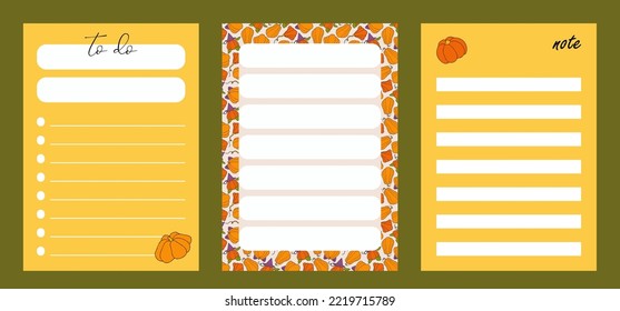 Note sheet set, memo messages. Autumn design template, hand drawn pumpkins, flat vector illustration