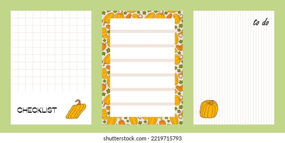 Note sheet set, memo messages. Autumn design template, hand drawn pumpkins, flat vector illustration