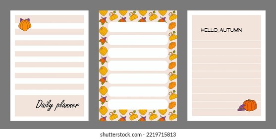 Note sheet set, memo messages. Autumn design template, hand drawn pumpkins, flat vector illustration