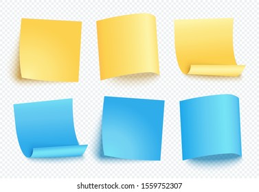 Note sheet of yellow and blue paper set with different shadow. Blank post for message, to do list, memory. Set of six vector sticky notes isolated on transparent background.