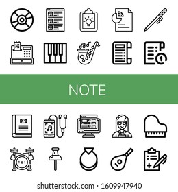 note simple icons set. Contains such icons as Compact disc, Register, List, Piano, Clipboard, Saxophone, Document, Receipt, Pen, Contact book, can be used for web, mobile and logo