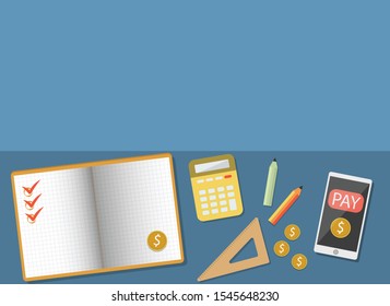 note and smart phone and tool and golden money, vector, illustrator