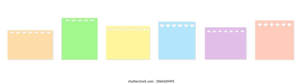Note sticker colorful set. Blank sheets with different holes, to do list and office notice, sticky note, torn piece of paper and notebook page, shapes square and rectangle. Vector illustration