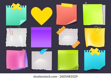 Note, sticker. Memo on board of torn paper yellow. Pin, colorful clip and pad, office glued reminder. Blank space message, Sticky page. Notepad sheets with folded corner. Vector design isolated label