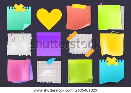 Note, sticker. Memo on board of torn paper yellow. Pin, colorful clip and pad, office glued reminder. Blank space message, Sticky page. Notepad sheets with folded corner. Vector design isolated label
