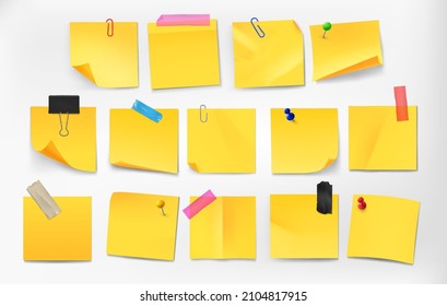 Note sticker. Realistic yellow blank , sticky notepad message, note page sheet, office stationery and color paper reminder. Vector isolated set