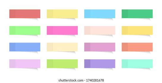 Note sticker. Sticky paper post. Color memo tape. Rectangle label for school. Long bulletins with shadows. Background for reminder. Notice in office with adhesive. Blank 3d tag. Board- banner. Vector.