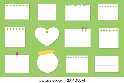 Nota color blanco adhesivo con pasador, clips, pasador de empuje, conjunto de cinta adhesiva. Hojas en blanco con diferentes agujeros, nota adhesiva, papel roto y página de cuaderno, formas ovaladas, cuadradas, corazón, rectángulo