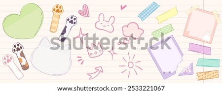 Note stickers with cute pink girly doodle elements for diary or bullet journal design. Vector planner or scrapbook frames and banners, animal paw bookmarks and tape pieces, hand drawn decor icons.