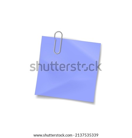 Note sticky. Color paper note attached by metallic paper clip, information noticeboard, important memo message realistic template. 3d vector illustration