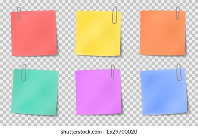 Note sticky. Color paper notes attached by metallic paper clips, information noticeboard, important memo message realistic vector set
