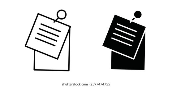 Note sticky vector icon set black filled and outlined style.
