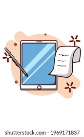 Note, tablet and digital pen cartoon illustration