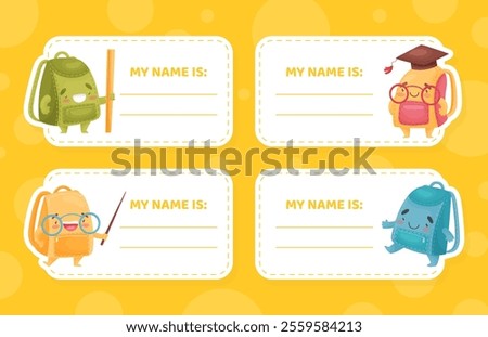 Note Tag with Funny School Bag with Smiling Face Vector Template