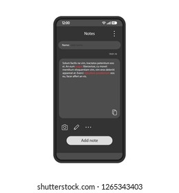 Note taking app interface vector template. Mobile app interface black design layout. Smartphone reminder application. Flat UI. Phone display with note text