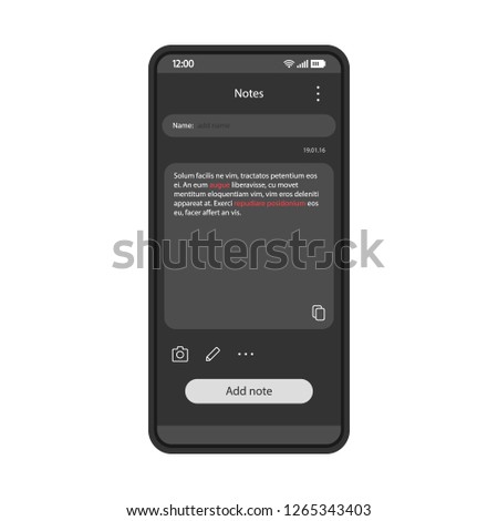 Note taking app interface vector template. Mobile app interface black design layout. Smartphone reminder application. Flat UI. Phone display with note text