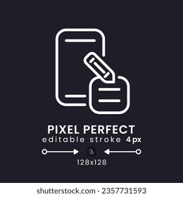 Note taking apps white linear desktop icon on black. Digital tool. Business productivity. Pixel perfect 128x128, outline 4px. Isolated user interface symbol for dark theme. Editable stroke
