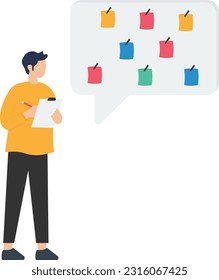 Note taking or minutes of meeting, conclusion or summary, education lecture or write important information, confidence businessman taking note illustration

