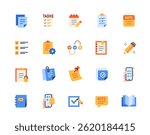 Note and task icons set. Colorful signs with to do list, notification, reminder, schedule and notepad. Planning and efficiency. Flat vector illustration collection isolated on background