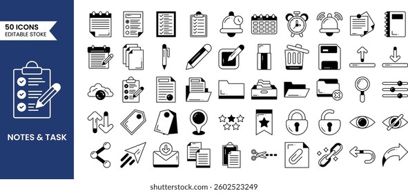 Note and task icons set in duotone style. Checklist, document, notepad, list and more. Vector illustration