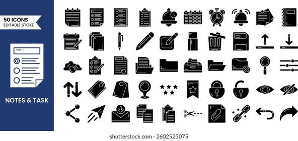 Note and task icons set in line style. Checklist, document, notepad, list and more. Vector illustration