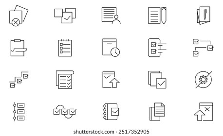 Conjunto de ícones de linha Nota e Tarefa. Dever, tarefa, projeto, trabalho, tarefas, lista, multitarefa, gerenciador de tarefas, prazo, lista de verificação, relatório, conjunto de ícones de linha de pesquisa. Pacote de ícones de linha fina da interface do usuário.