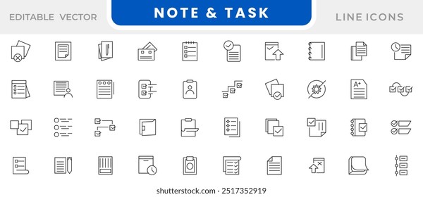 Conjunto de ícones de linha Nota e Tarefa. Dever, tarefa, projeto, trabalho, tarefas, lista, multitarefa, gerenciador de tarefas, prazo, lista de verificação, relatório, conjunto de ícones de linha de pesquisa. Pacote de ícones de linha fina da interface do usuário.