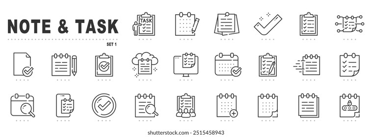 Ícones de nota e linha de tarefa. Lista de verificação, documento, bloco de notas, lista etc. Traçado editável.