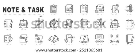 Note and task line icons. Checklist, document, notepad, list etc. Editable stroke. Set 2