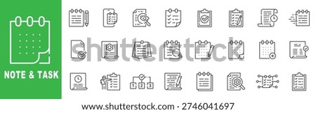 Note and task outline icon set featuring checklist, planner, calendar, reminder, productivity, editable stroke vector design.
