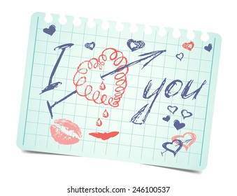 note with text and hearts I love you. Vector love valentines card