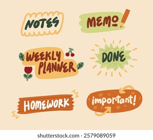 Note Text Sticker Set for Journaling with Handwritten Aesthetic and Decorative Elements