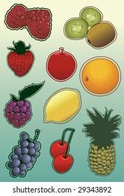 Note that radial gradients are used on kiwi, grapes and orange illustration. Each fruit is grouped on its own layer. Outlines and fill are separate, easy to manipulate and change colors