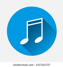 Note vector icon. Music icon symbol on blue background. Flat image note icon with long shadow. Layers grouped for easy editing illustration. For your design.