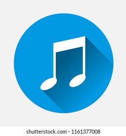 Note vector icon. Music icon symbol on blue background. Flat image note icon with long shadow. Layers grouped for easy editing illustration. For your design.