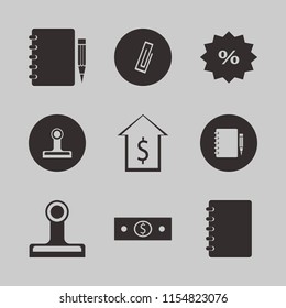 note vector icons set. with notebook pencil, discount tag, paper clip and dollar in set