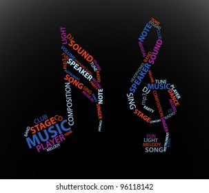 Note and violin clef made from words which relate with music